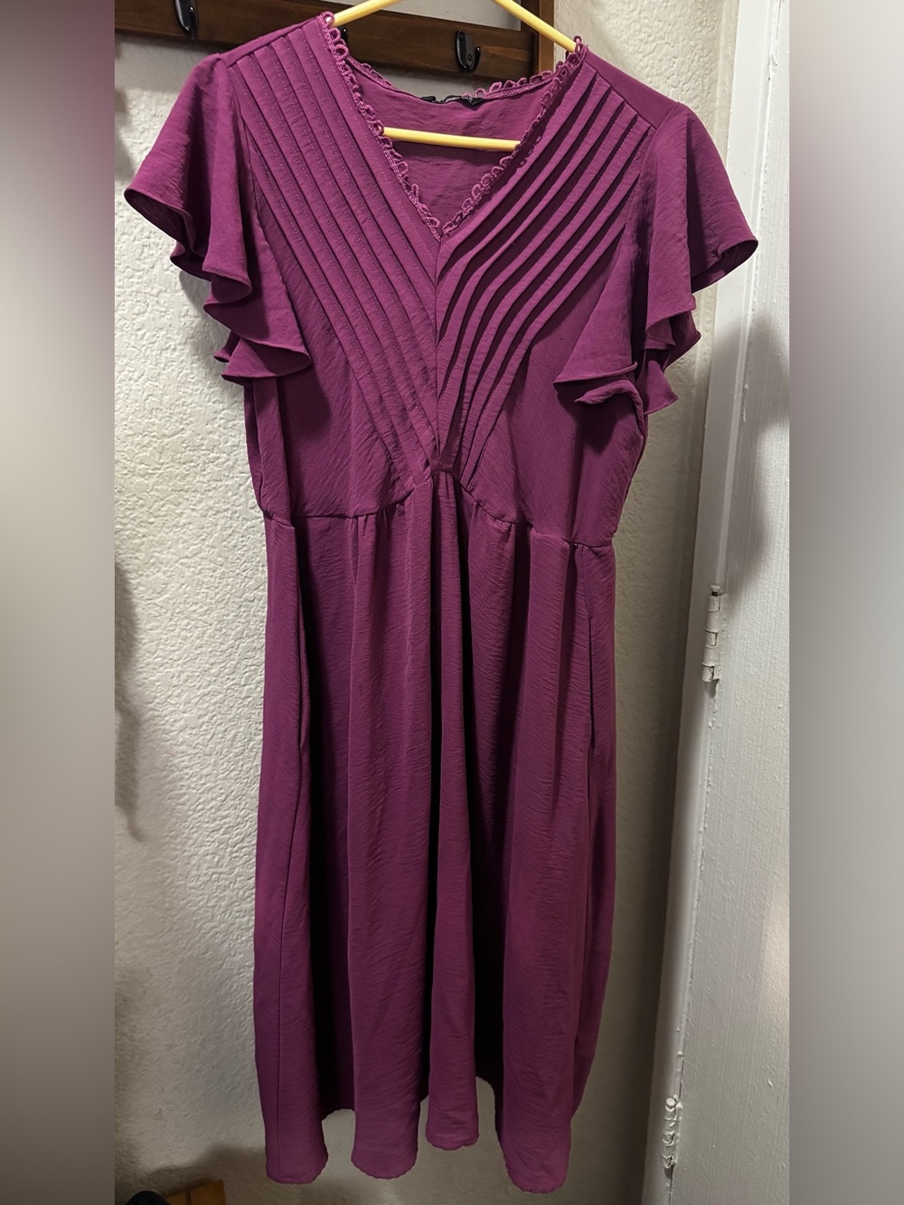 BloomChic Magenta Pleated V-Neck Midi Dress